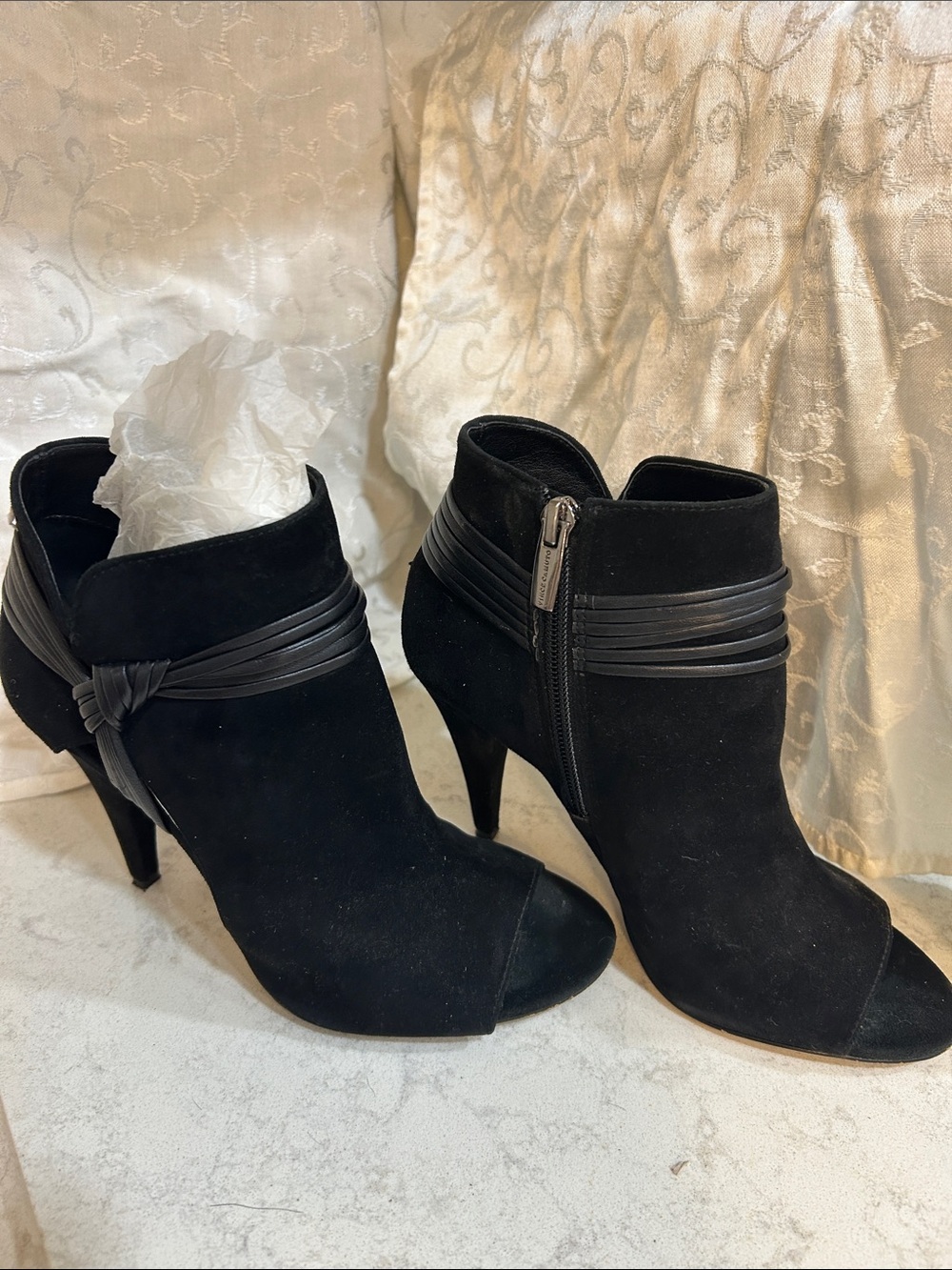 Vince Camuto Black Suede Peep-Toe Ankle Booties with Wrapped Strap